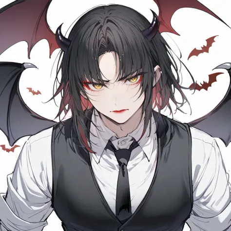 Short black hair, Iaido style, Golden eyes, Black tie, Black vest, White shirt, Red makeup, Bat wings