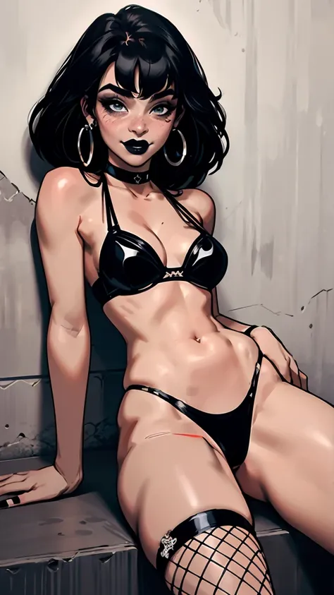 Woman, fit and toned body, thick breasts, cleavage, straight black hair with long bangs, nose ring piercing black lipstick, tiny tank top bra, slutty high rise thong and black fishnets, laying against wall with open legs spread, soft smile, blushing
