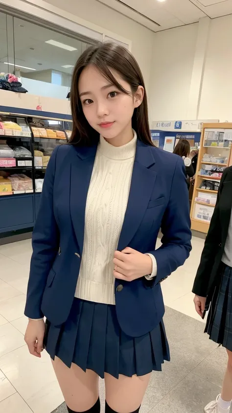 some very short skirt of a person standing at a register with a bag, skirt, 1girl, solo, pleated skirt, , jacket, socks, blue skirt, bag, blazer, blue jacket