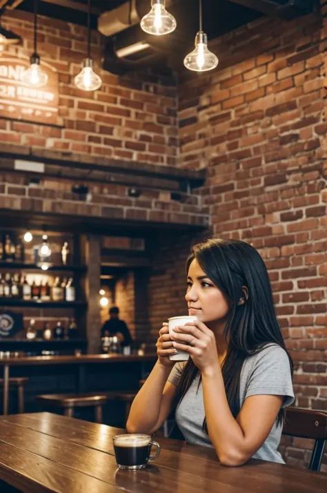 Person drinking coffee in a brick pub style cafe bar on black