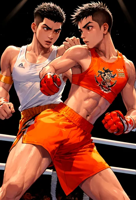 Spiky haired Mexican muay thai fighter wearing white tank top and orange muay thai short shorts 