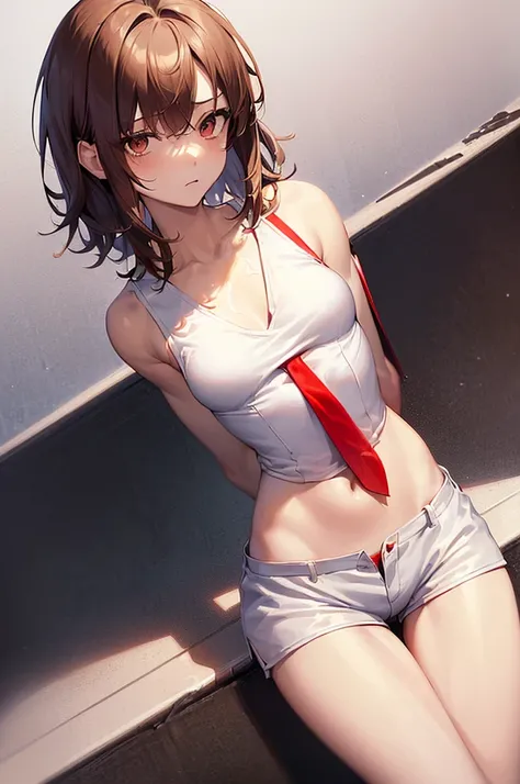 masterpiece, best quality,anime style, 1 girl,(((slender body))), (((small breast))),(((hot pants, white tanktop,red tie))), ((((restrained, arms behind back)))),((((cum)))), (beautiful face), (((medium hair))), (((messy hair))), ((((brown hair)))),detaile...