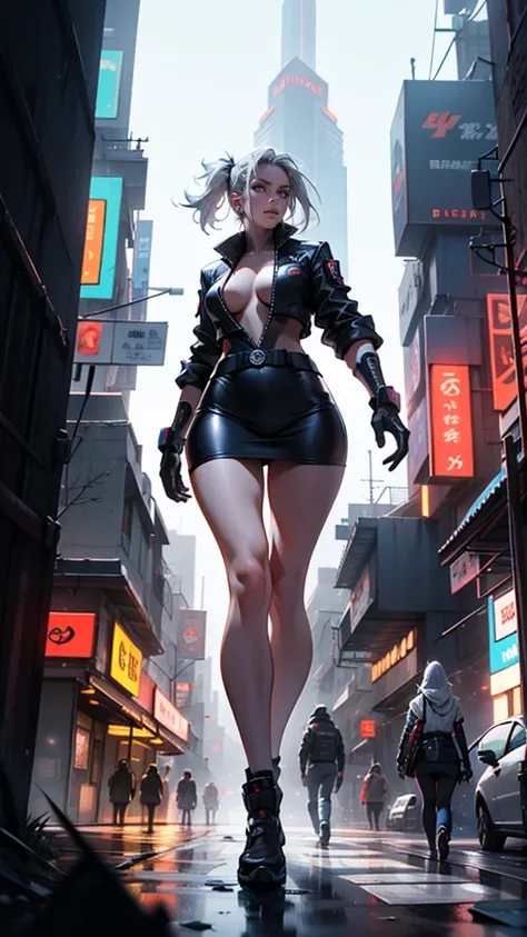 high qualiy, awardwinning, high resolution, 8K, 28 year old woman looking at the background, cyberpunk fantasy city, mysterious face, just draw a tower in the background, The woman is with her legs open, The woman&#39;breasts are too large, big, straight w...