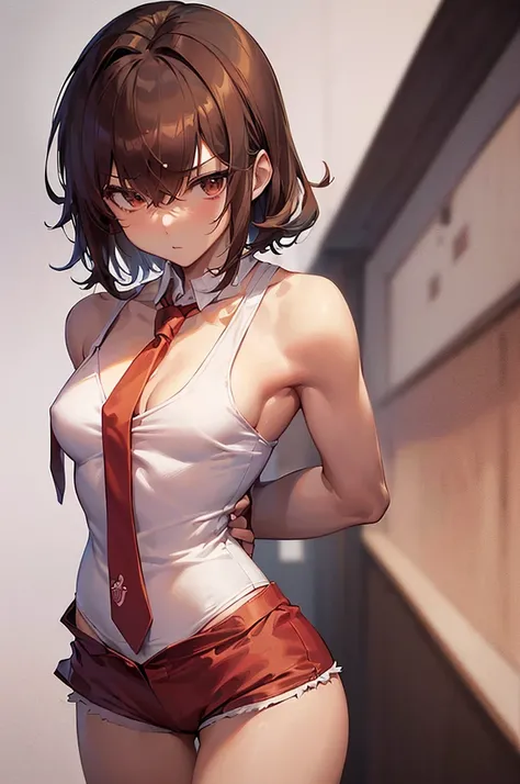 masterpiece, best quality,anime style, 1 girl,(((slender body))), (((small breast))),(((hot pants, white tanktop,red tie))), ((((restrained, arms behind back)))),((((cum)))), (beautiful face), (((medium hair))), (((messy hair))), ((((brown hair)))),detaile...