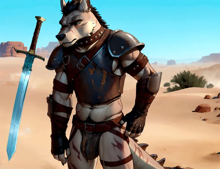 Solo Sexy young anthro scalie dragon male mercenary medieval solider, slim endomorph muscular, anthro handsome gay shorter muzzle, handsome gay model male apperance, sword scars, worn out leather skimpy armament, low on hips heavy leather belt, old very wo...