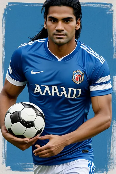 Disney-type drawing of Falcao soccer player with a blue and white t-shirt and the word Andean 