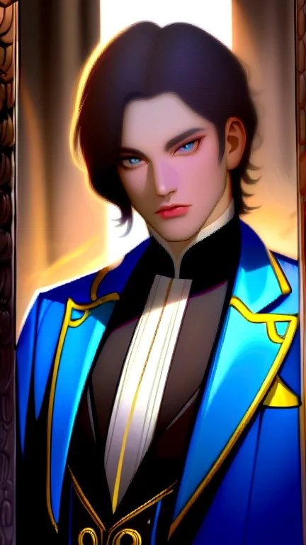 a close up of a person in a suit blue suit with golden details (pale skin dark brown hair and grey eyes), delicate androgynous prince, beautiful androgynous prince, caleb from critical role, highly detailed exquisite, handsome guy in demon slayer art, high...