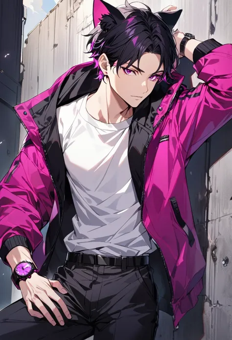 1man, short black hair, black cat ears, bright magenta eyes, wearing a magenta  jacket, wearing a white undershirt, wearing black pants , wearing one black and magenta watch, showing watch.