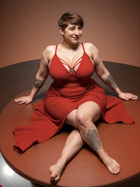  amazing stunningly beautiful  (toy-sized:1.5) (thicc:1.4) 21 year old (mayim bialik:1.2) (sitting on the edge of a giant expansive high square tabletop:1.4), legs dangling in the air, smiling, (very long bright red dress:1.5), (tattooed:1.2), (aquiline no...