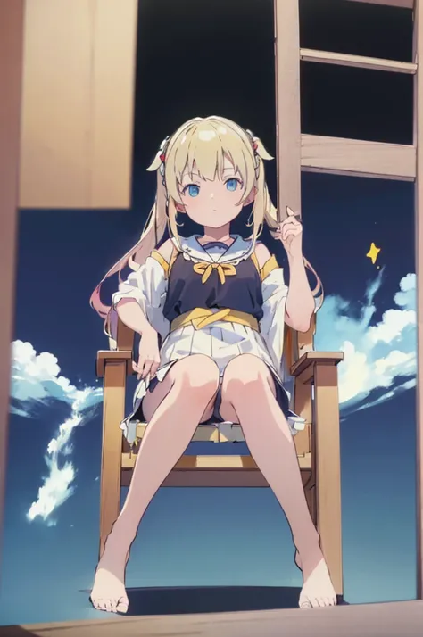 ((masterpiece))((Highest quality))Sitting in a chair、Blonde twin tails、(So that your whole body can be seen)、Directly in front、No background、(Put your feet on the ground)