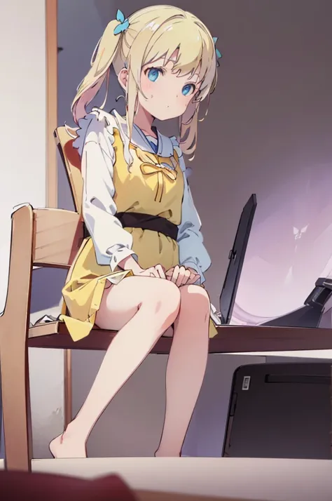 ((masterpiece))((Highest quality))Sitting in a chair、Blonde twin tails、(So that your whole body can be seen)、Directly in front、No background、(Put your feet on the ground)