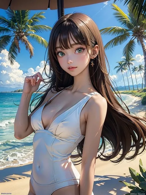 masterpiece, rich colors, Best quality, detailed, high resolution, Hyper quality, high detail, , high quality, detailing, skinny sexy girl on the beach , bright lighting , green eyes, Anime, palm trees, bright lighting,