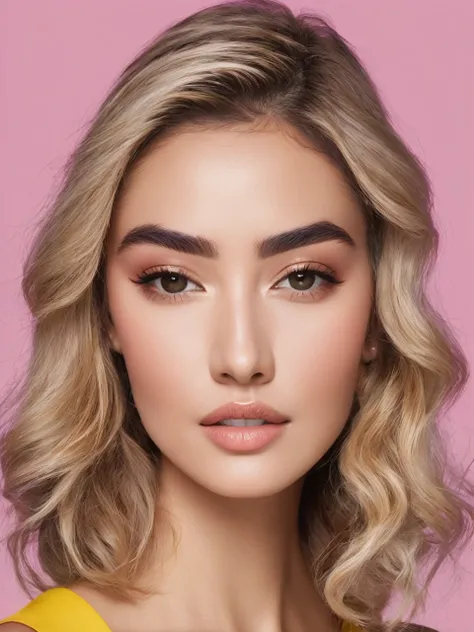 generate woman with slanted eyes heart-shaped mouth round face full eyebrows long, straight, medium-wavy hair of small size dimples on the cheek on the right side and a mole below the eyes on the left side