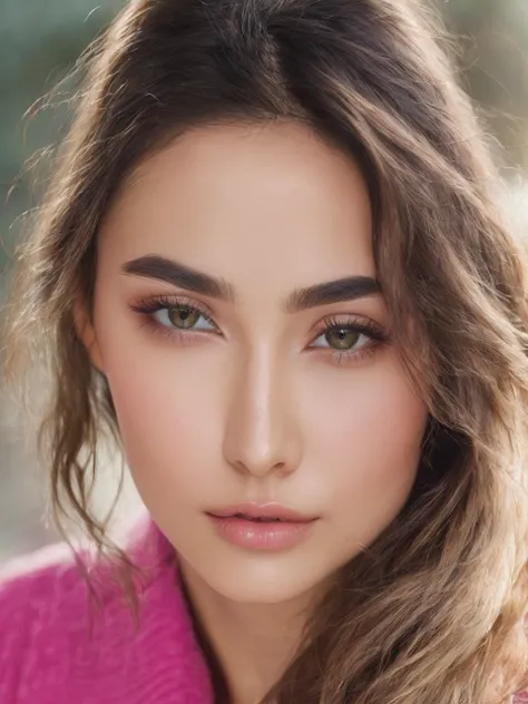 generate woman with slanted eyes heart-shaped mouth round face full eyebrows long, straight, medium-wavy hair of small size dimples on the cheek on the right side and a mole below the eyes on the left side