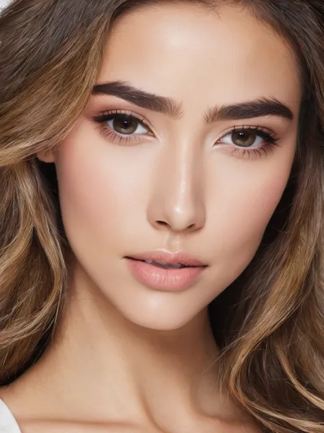 generate woman with slanted eyes heart-shaped mouth round face full eyebrows long, straight, medium-wavy hair of small size dimples on the cheek on the right side and a mole below the eyes on the left side