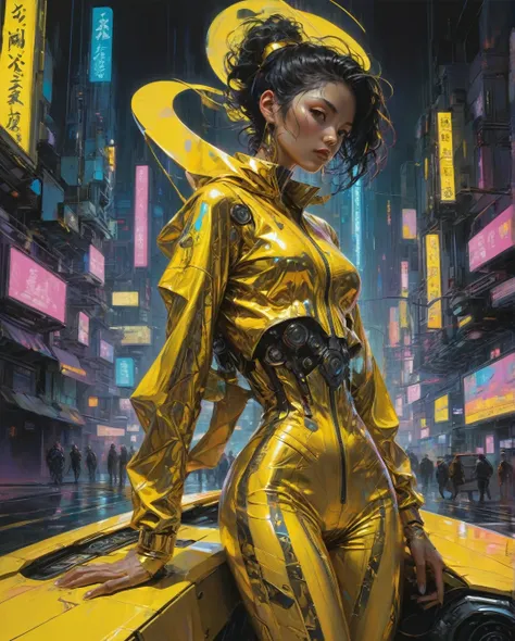 In a neon-lit cyberpunk space setting, a figure emerges clad in a sleek yellow jumpsuit, designed with a distinct art style reminiscent of Yoshiaki Kawajiri. The scene is portrayed in a vivid and elaborate digital painting, showcasing sharp edges and dynam...