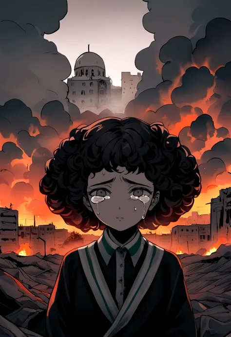 A surreal depiction of A , I sit sadly, hurt, (Eyes shedding tears, Face focuses on the camera), Feeling disturbed, Palestineي, Curly hair, Dusty face and fabric, (City in the background destroyed by fire, The human body on Earth, Some people cry, بكاء Pal...