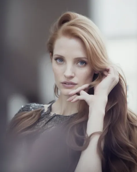 photograph of jessica chastain     actresses    , sexy girl,  jaw-dropping beauty,   skin,  jaw dropping beauty, on , tight outfit, seductive expression , perfect face, (Highly detailed skin:1.3, highly detailed face :1.5 ),[freckles], natural lighting, (d...