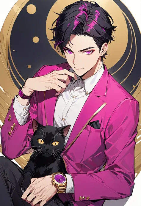 1man, short black hair, black cat ears, bright magenta eyes, wearing a magenta  jacket, wearing a white undershirt, wearing black pants , wearing a vintage gold and magenta watch, showing watch.