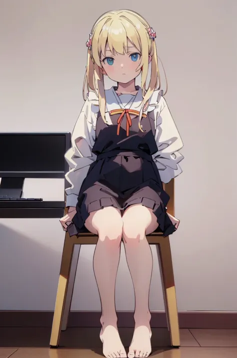 ((masterpiece))((Highest quality))Sitting in a chair、Blonde twin tails、(So that your whole body can be seen)、Directly in front、No background、(Put your feet on the ground)