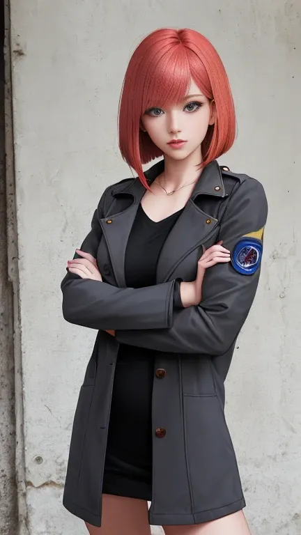 Realistic photo of Red Sazaby Girl，Short Bob Cut，Her hair is bright pink、It has a gradation with blonde..，Cool look，Proportions of gravure models、Playmate、background is gray，Coat of arms of the Principality of Zeon，Haman Khan and Char Aznable&#39;s 16-year...