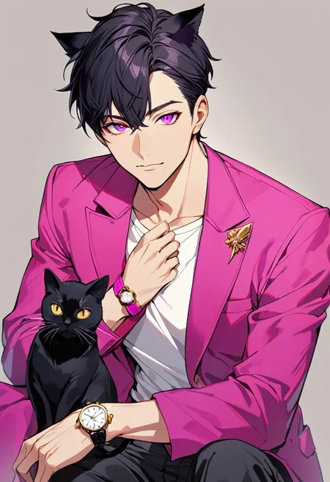 1man, short black hair, black cat ears, bright magenta eyes, wearing a magenta  jacket, wearing a white undershirt, wearing black pants , wearing a vintage gold and magenta watch, showing watch.