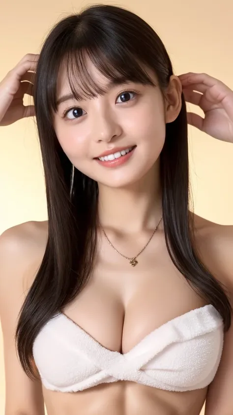 NFSW、masutepiece、​masterpiece、1 girl in、(close up of face、cowboy  shot)、Straight front view、japanes、very young cute woman、(The cutest girl in the world)、15yo student、Smaller face、(medium breasts、cleavage,naked bathtowel,bare shoulders、slender waist,abs:1.3...