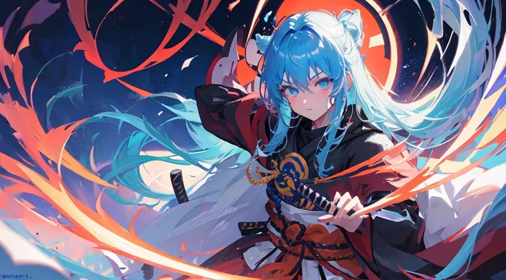 create me an anime character ,long hair, blue colored eyes, long sword with red edge, samurai outfit 