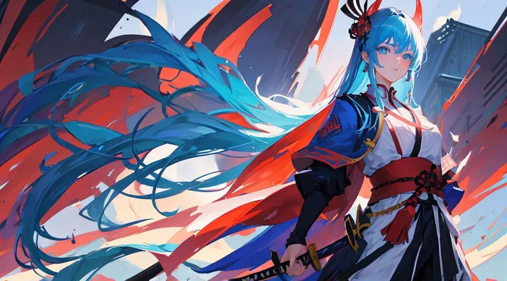 create me an anime character ,long hair, blue colored eyes, long sword with red edge, samurai outfit 