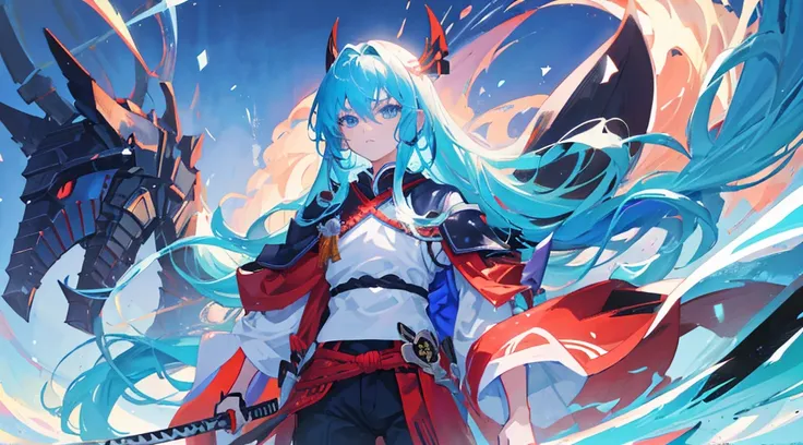 create me an anime character ,long hair, blue colored eyes, long sword with red edge, samurai outfit 