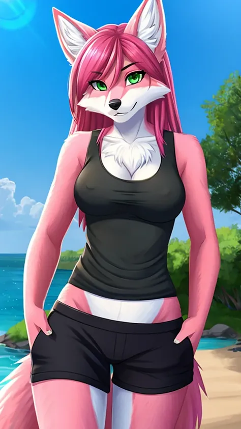 Furry kitsune wolf    female anthropomorphic hot pink  fur green  eyes blue ears wearing a black tank top and black shorts  medium breast size 