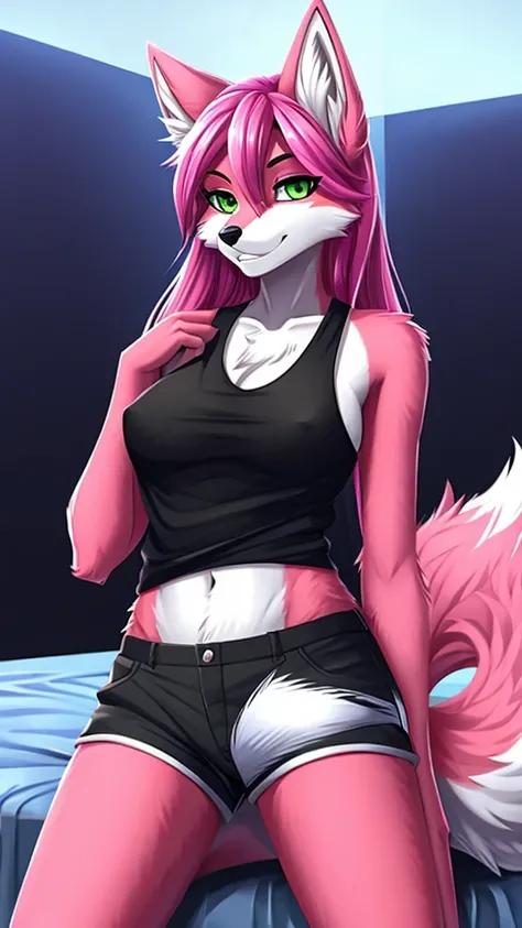 Furry kitsune wolf    female anthropomorphic hot pink  fur green  eyes blue ears wearing a black tank top and black shorts  medium breast size 