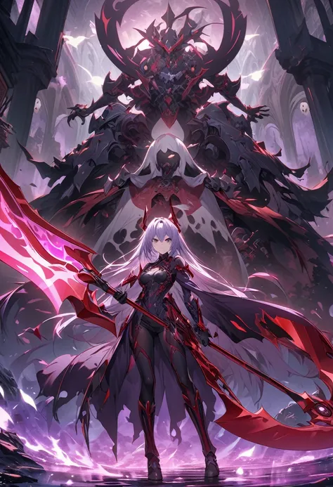 an extremely detailed 4k picture of just a 2 handed scythe weapon made of purple & red steel and covered in ghosts and dark magic