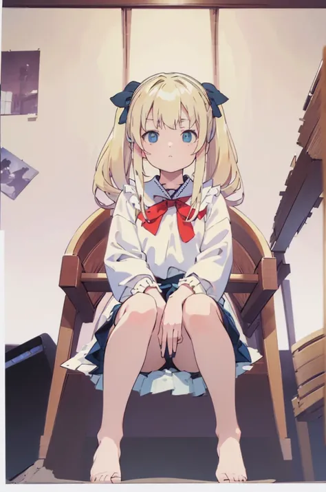 ((masterpiece))((Highest quality))Sitting in a chair、Blonde twin tails、(So that your whole body can be seen)、Directly in front、No background、(Put your feet on the ground)