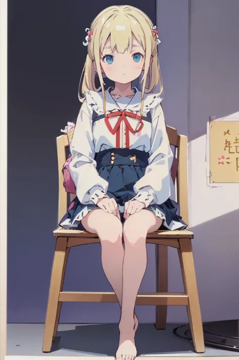 ((masterpiece))((Highest quality))Sitting in a chair、Blonde twin tails、(So that your whole body can be seen)、Directly in front、No background、(Put your feet on the ground)