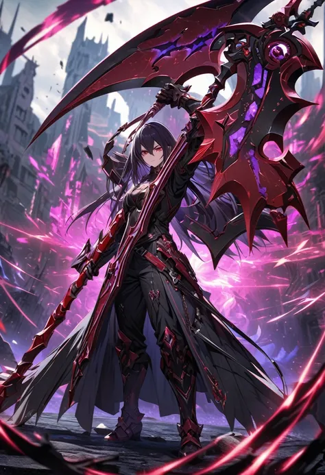 an extremely detailed 4k picture of just a 2 handed scythe weapon made of purple & red steel and covered in dark magic runes