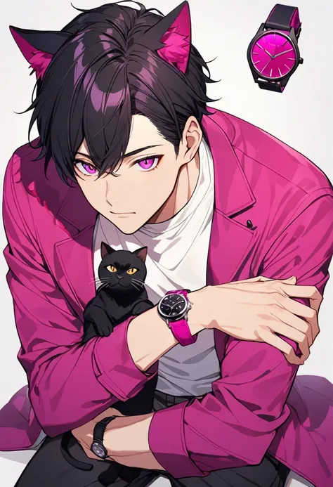 1man, short black hair, black cat ears, bright magenta eyes, wearing a magenta casual jacket, wearing a white undershirt, wearing black pants , wearing o vintage magenta watch, showing watch.