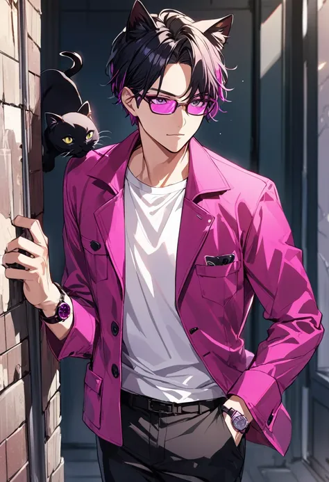 1man, short black hair, black cat ears, bright magenta eyes, wearing a magenta casual jacket, wearing a white undershirt, wearing black pants , wearing o vintage magenta watch, showing watch.