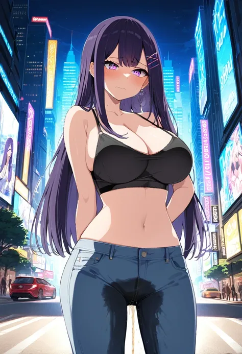 (masterpiece:1.37), best quality, (extremely detailed:1.37), woman, (mature:1.5), (adult:1.5), large breasts, very long hair, (straight hair:1.5), dark purple hair, purple eyes, (extremely detailed eyes:1.37), crop top, cleavage, navel, cleft of Venus, jea...