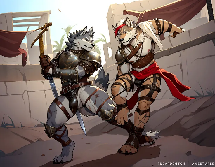 Solo Sexy young anthro furry wolf male mercenary medieval solider, slim endomorph muscular, anthro handsome gay shorter muzzle, handsome gay model male apperance, sword scars, worn out leather skimpy armament, low on hips heavy leather belt, old very worn ...