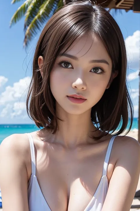 ((Highest quality)),((8K、32k)),(Genuine)、(detailed)、(Beach)、((Bust up shot))、((face closeup))、(White skin)、(Big Breasts)、Golden ratio of face to shoulder width、Micro Bikini、Shiny Hair、Short Hair、Glowing Skin、Japanese、beauty、Looking into the camera、Thick li...