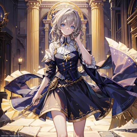 Official Art, European Masterpiece Women&#39;s Clothing,, light blonde , Dark blue glasses、best quality、high resolution: Starry Sky中的少女，moon，Girl smiling at camera，Starry Sky，Looking up，pajamas，doll，nebula，flash，sideways，Space and Time，Flowing long hair，Cl...