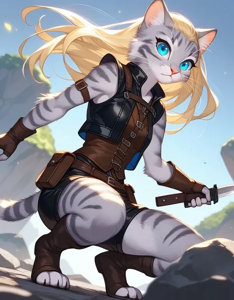 Solo, score_9,score_8_up,score_7_up, source_furry, kat, Anthro furry feline, female, tall slender body, long blonde hair, undercut hair, pink nose, :3, blue eyes, white whiskers, silver fur, grey stripes, furry body, wearing black cloth vest, black leather...