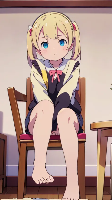 ((masterpiece))((Highest quality))Sitting in a chair、Blonde twin tails、(So that your whole body can be seen)、Directly in front、No background、(Put your feet on the ground)