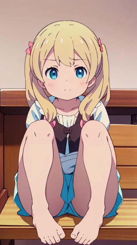 ((masterpiece))((Highest quality))Sitting in a chair、Blonde twin tails、(So that your whole body can be seen)、Directly in front、No background、(Put your feet on the ground)