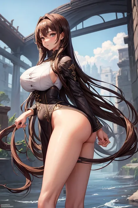 ((Best Quality)), ((Masterpiece)), (detailed), 1 girl, long brown hair , grey eyes, bigger breasts, thin waist, wide hips, a good ass, shapely legs, with clothes