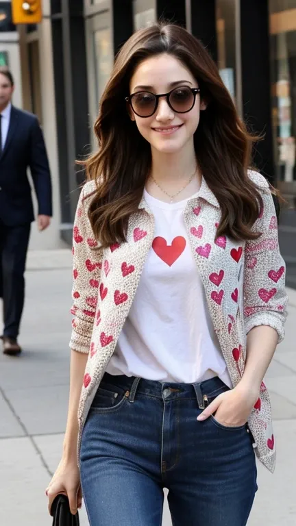 Emmy Rossum dressed in clothes with heart prints and smiling