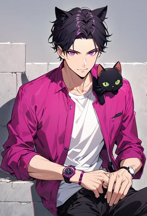 1man, short black hair, only black cat ears at the top of my head, bright magenta eyes, wearing a magenta casual jacket, wearing a white undershirt, wearing black pants , wearing o vintage magenta watch, showing watch.