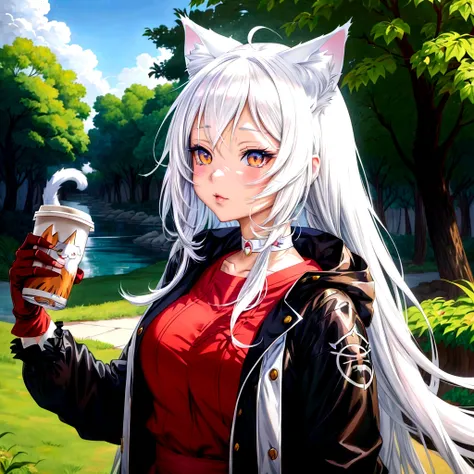 anime girl with white hair holding a cup of coffee, anime girl with cat ears, beautiful anime catgirl, very beautiful anime cat girl, cute anime catgirl, white cat girl, anime catgirl, anime cat, very beautiful cute catgirl, white - haired fox, girl with c...