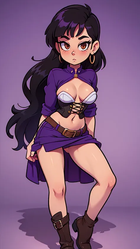 A tall sexy sensual girl, beautiful, long black hair, her brown eye, dresses in a corset, purple thread, shows her navel and a purple denim skirt, long purple heel. 